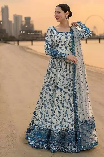 White color faux georgette heavy embroidery work wedding wear long gown