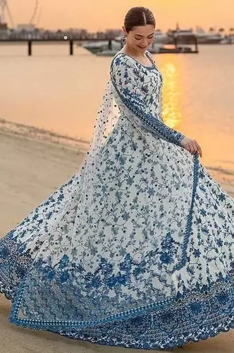 White color faux georgette heavy embroidery work wedding wear long gown