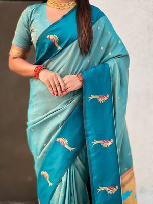 Sea green woven zari buti & paithani pallu work silk blend fabric traditional festive style 5