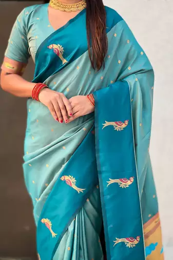 Sea green woven zari buti & paithani pallu work silk blend fabric traditional festive style