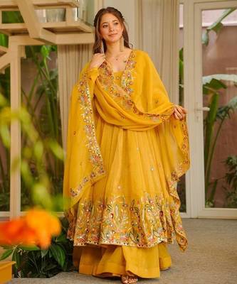 Yellow color crunchy silk fancy wedding wear plazo set 1