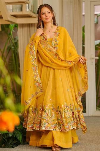 Yellow color crunchy silk fancy wedding wear plazo set