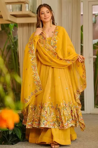Yellow color crunchy silk fancy wedding wear plazo set