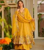 Yellow color crunchy silk fancy wedding wear plazo set