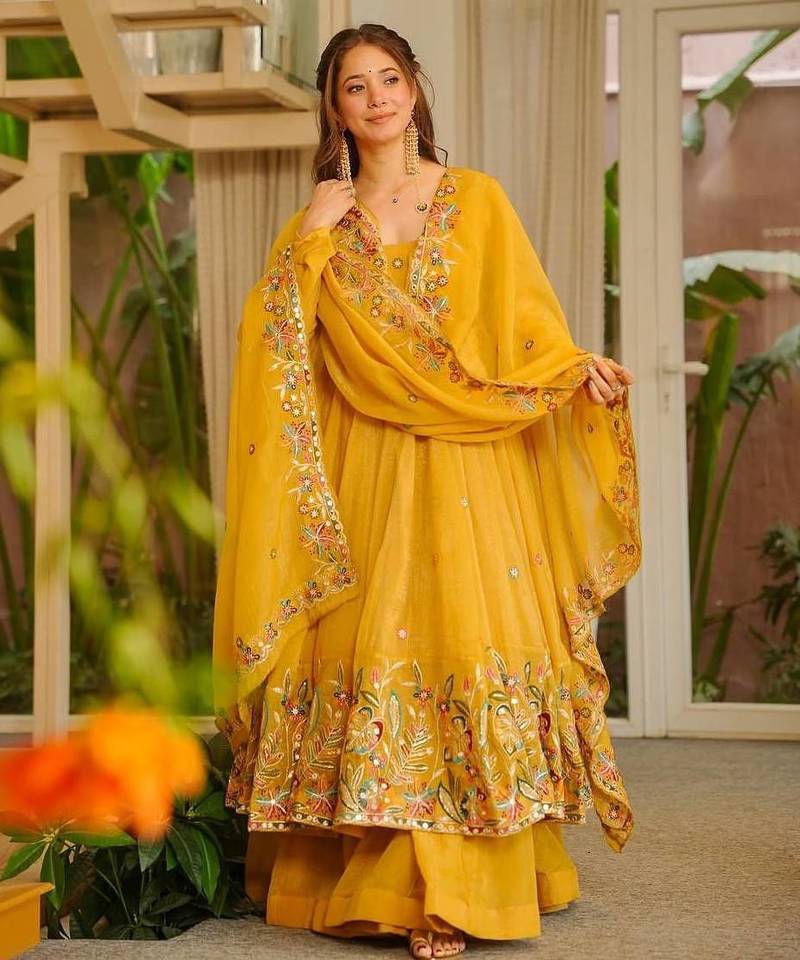 Yellow color crunchy silk fancy wedding wear plazo set