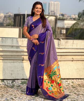 Lavender woven zari buti & paithani pallu work silk blend fabric traditional festive style 1