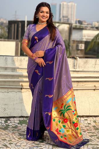 Lavender woven zari buti & paithani pallu work silk blend fabric traditional festive style