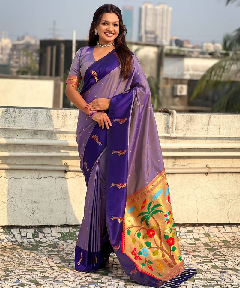 Lavender woven zari buti & paithani pallu work silk blend fabric traditional festive style