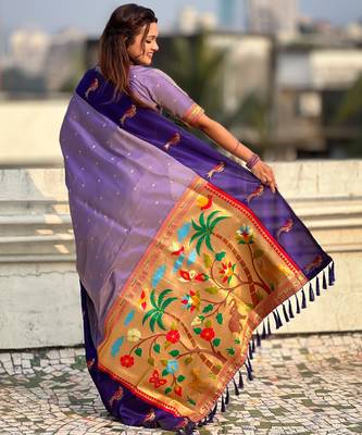 Lavender woven zari buti & paithani pallu work silk blend fabric traditional festive style 2