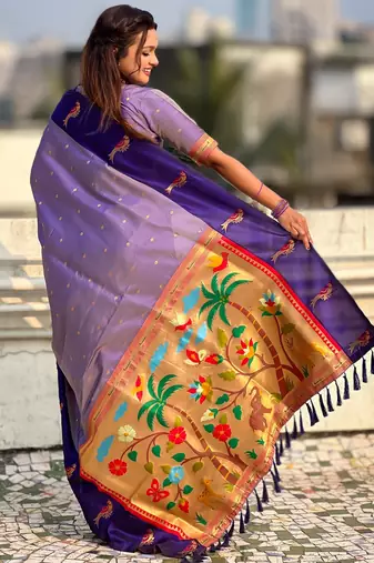 Lavender woven zari buti & paithani pallu work silk blend fabric traditional festive style