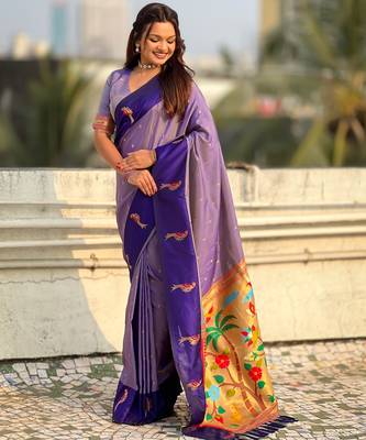 Lavender woven zari buti & paithani pallu work silk blend fabric traditional festive style 3
