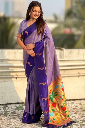 Lavender woven zari buti & paithani pallu work silk blend fabric traditional festive style