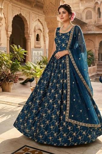 Orange color fendy silk heavy embroidery work wedding wear long gown