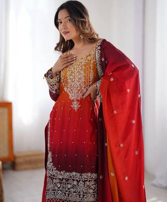Red Color Dori,Sequence And Rivet Moti Work Chinon Silk Top Bottom Dupatta Set 2