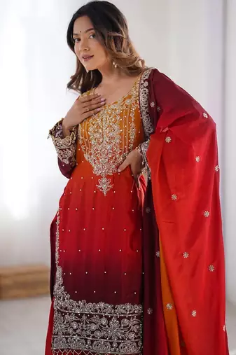 Red Color Dori,Sequence And Rivet Moti Work Chinon Silk Top Bottom Dupatta Set