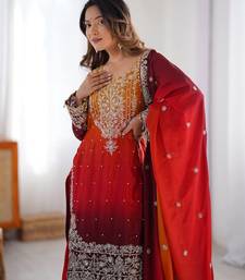 Red Color Dori,Sequence And Rivet Moti Work Chinon Silk Top Bottom Dupatta Set