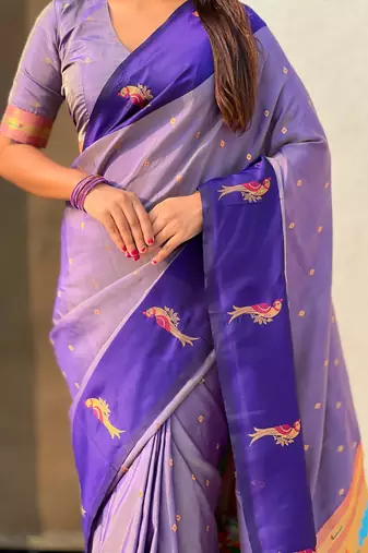 Lavender woven zari buti & paithani pallu work silk blend fabric traditional festive style