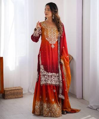 Red Color Dori,Sequence And Rivet Moti Work Chinon Silk Top Bottom Dupatta Set 1
