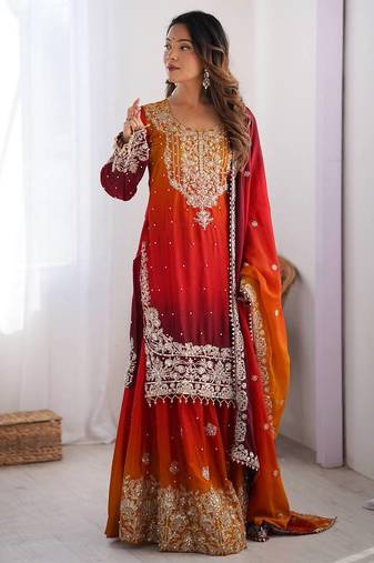 Red Color Dori,Sequence And Rivet Moti Work Chinon Silk Top Bottom Dupatta Set