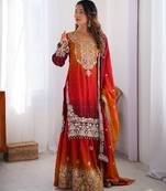 Red Color Dori,Sequence And Rivet Moti Work Chinon Silk Top Bottom Dupatta Set