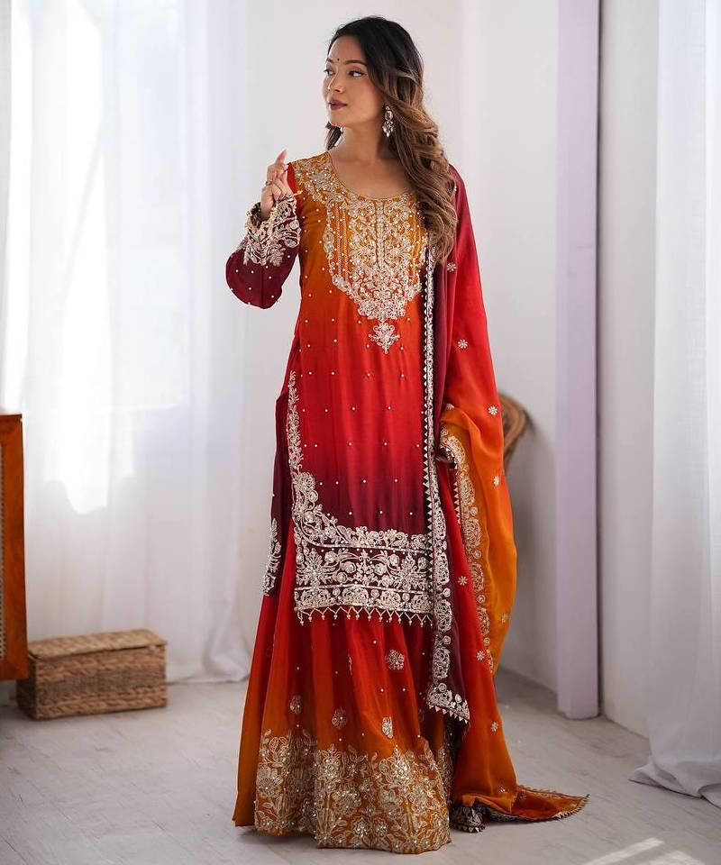 Red Color Dori,Sequence And Rivet Moti Work Chinon Silk Top Bottom Dupatta Set