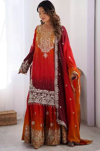 Red Color Dori,Sequence And Rivet Moti Work Chinon Silk Top Bottom Dupatta Set