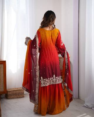 Red Color Dori,Sequence And Rivet Moti Work Chinon Silk Top Bottom Dupatta Set 4