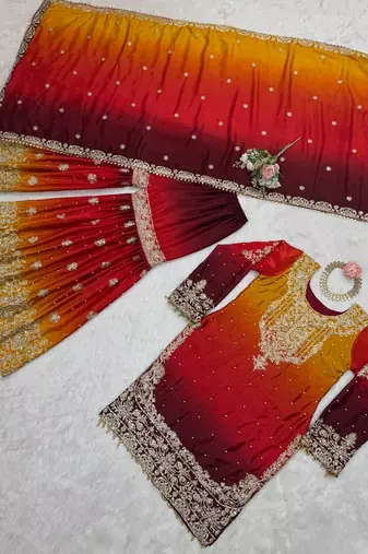 Red Color Dori,Sequence And Rivet Moti Work Chinon Silk Top Bottom Dupatta Set