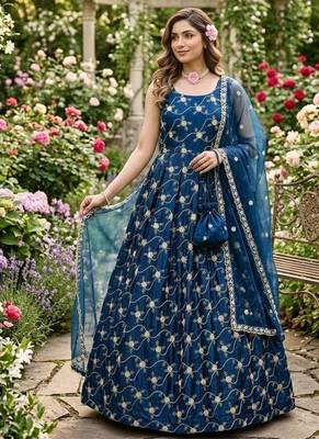 Orange color fendy silk heavy embroidery work wedding wear long gown 2