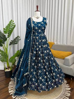 Orange color fendy silk heavy embroidery work wedding wear long gown 3