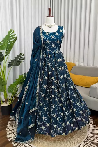 Orange color fendy silk heavy embroidery work wedding wear long gown