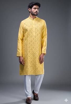 Yellow embroidered, mirror silk kurta pant 2