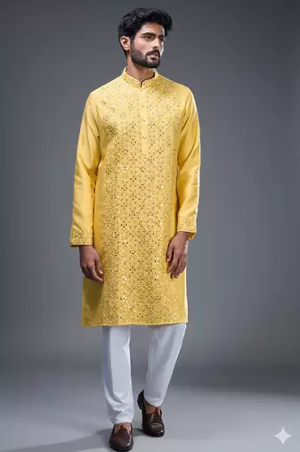 Yellow embroidered, mirror silk kurta pant