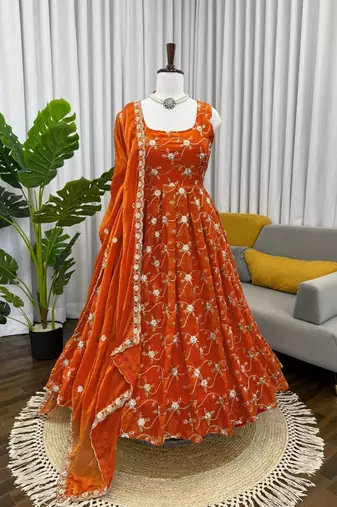 Orange color fendy silk heavy embroidery work wedding wear long gown