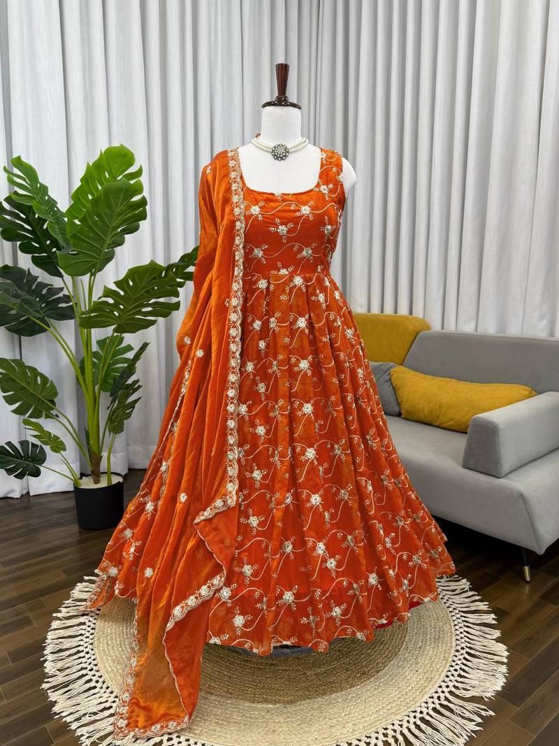 Orange color fendy silk heavy embroidery work wedding wear long gown
