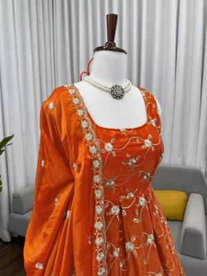 Orange color fendy silk heavy embroidery work wedding wear long gown 2