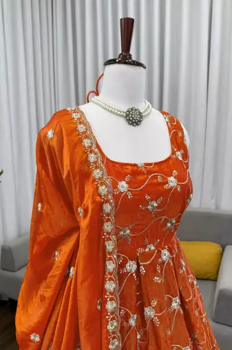 Orange color fendy silk heavy embroidery work wedding wear long gown