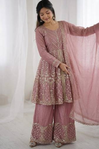 Onionpink fendy satin with embroidered sequince work plazzo set