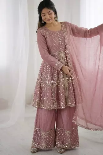 Onionpink fendy satin with embroidered sequince work plazzo set