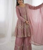 Onionpink fendy satin with embroidered sequince work plazzo set