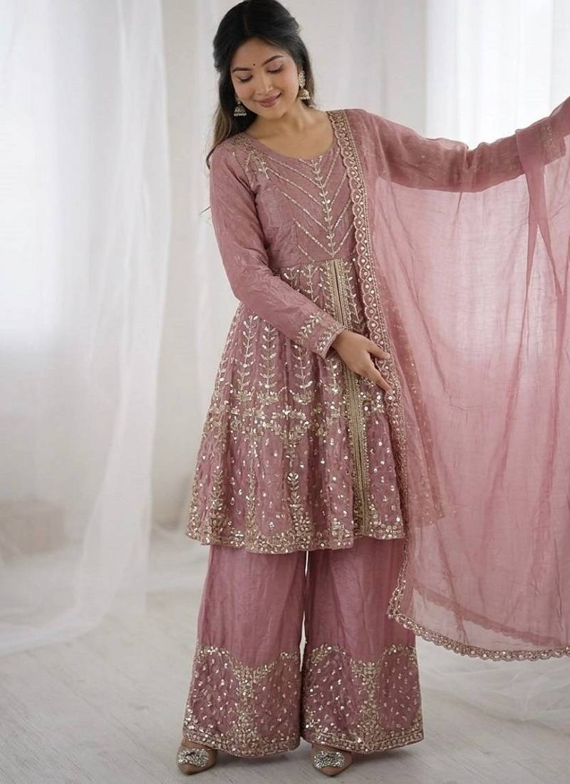 Onionpink fendy satin with embroidered sequince work plazzo set