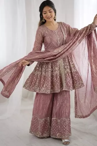Onionpink fendy satin with embroidered sequince work plazzo set