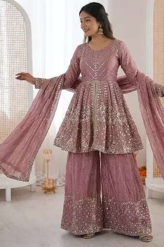 Onionpink fendy satin with embroidered sequince work plazzo set