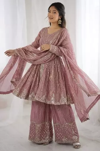Onionpink fendy satin with embroidered sequince work plazzo set