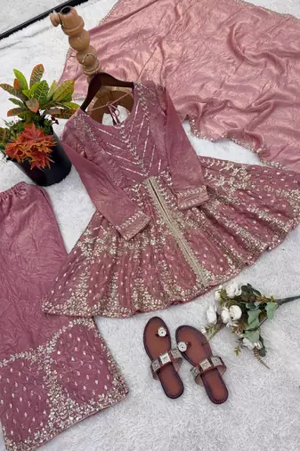 Onionpink fendy satin with embroidered sequince work plazzo set