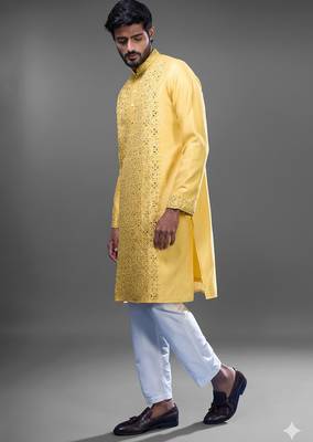 Yellow embroidered, mirror silk kurta pant 3