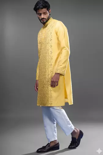Yellow embroidered, mirror silk kurta pant