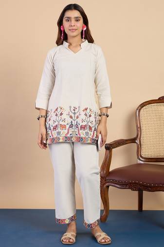 White women khadi cotton kurta pant set