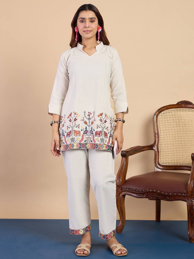 White women khadi cotton kurta pant set