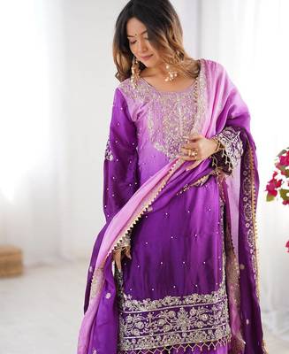 Purple Color Dori,Sequence And Rivet Moti Work Chinon Silk Top Bottom Dupatta Set 2